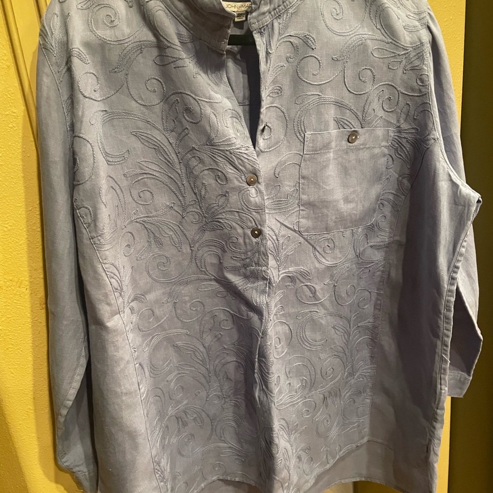 John Mark Light blue Gray Casual partail Button Down Shirt with Textured Pattern